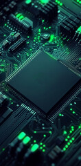 Fototapeta premium Design of a computer circuit on top with Chip in the middle, in a gray color and black background. The electronic components