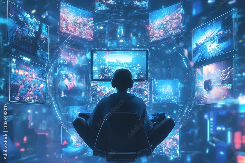 Aufkleber a man is sitting in front of a computer monitor with a video game on it