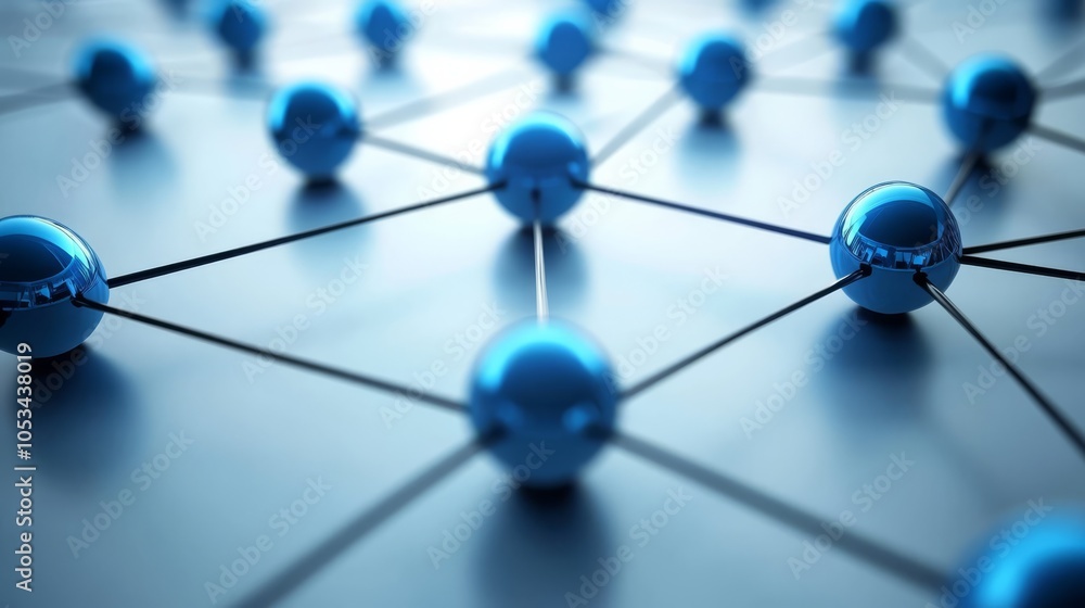Poster interconnected network: a close-up abstract image of a network of blue spheres connected by black li