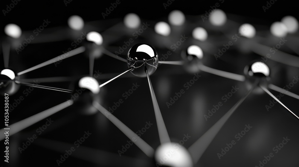 Poster abstract metallic spheres interconnected by thin lines, symbolizing a complex network of global conn