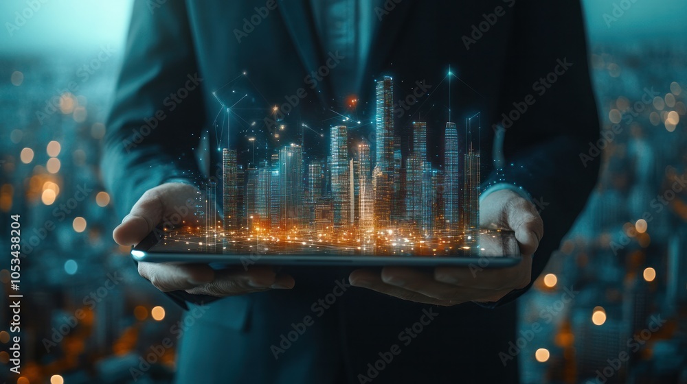 Poster a businessman using a tablet with a layered background of a modern city and a web of digital connect