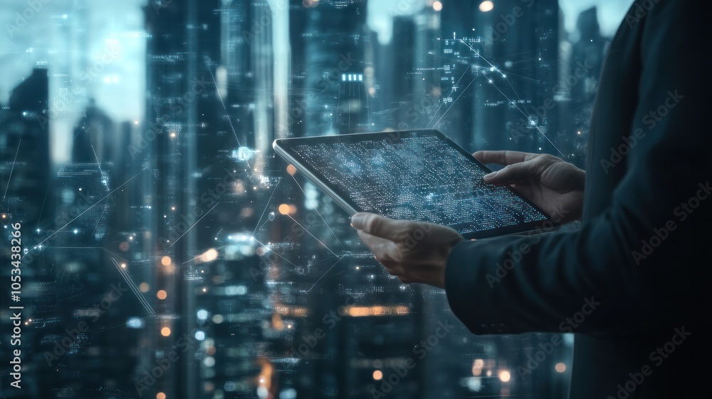 Poster a businessman using a tablet with a layered background of a modern city and a web of digital connect