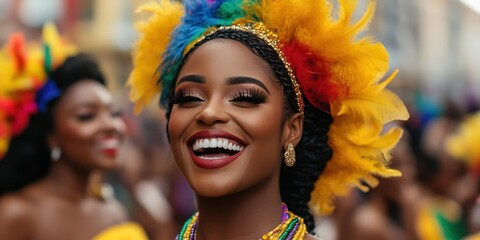 Vibrant carnival dancers in colorful feather costumes celebrating joy