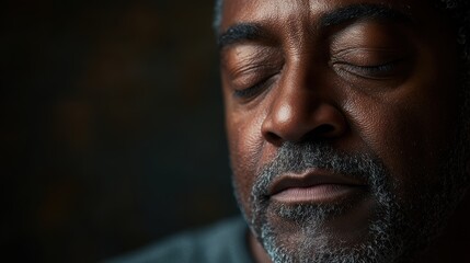 Obraz premium A man with a wise demeanor reflects on life as soft shadows emphasize his features. His downcast eyes evoke nostalgia, creating a profound, introspective atmosphere filled with experience.