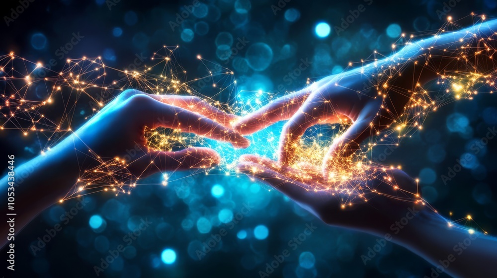 Poster two hands reach towards each other, fingertips almost touching, amidst a mesmerizing display of glow