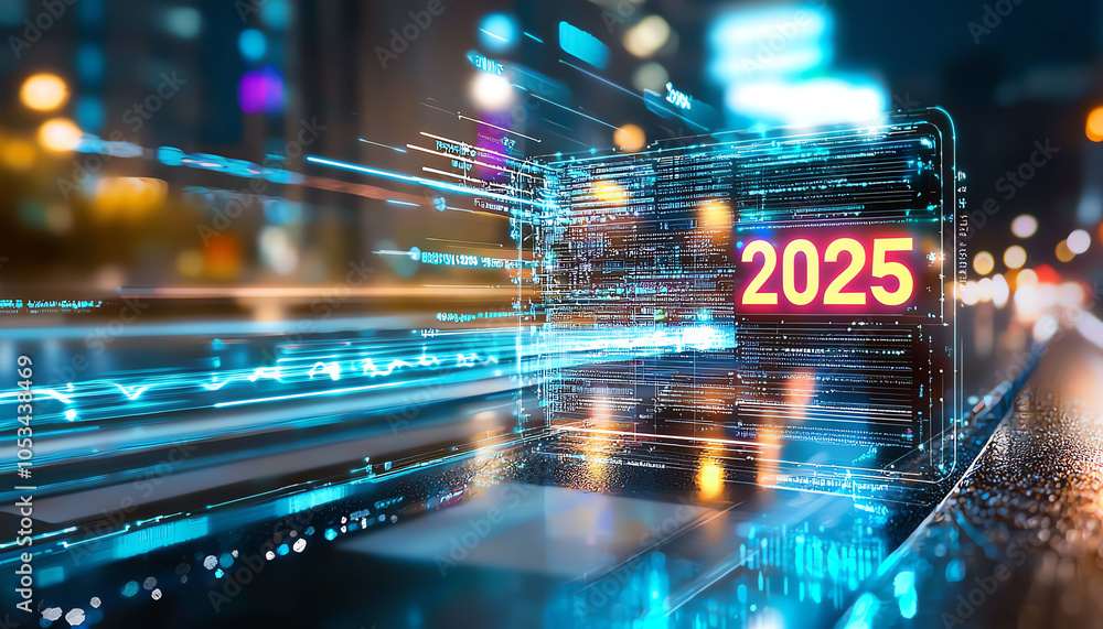Poster A futuristic transparent screen displaying 2025 the intersection of technology and innovation in a digital landscape