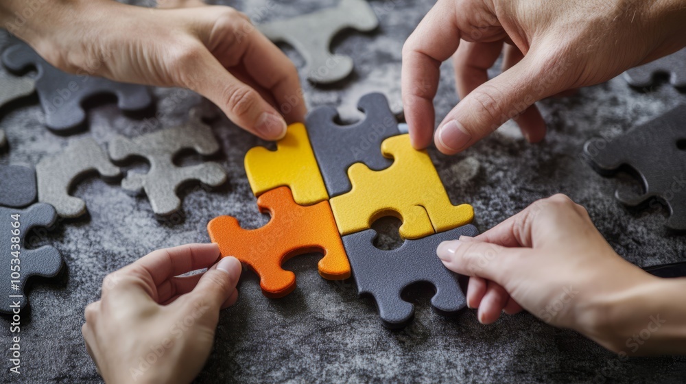 Poster Hands Completing Puzzle: A close-up image of four hands coming together to complete a colorful puzzle. The image symbolizes teamwork, collaboration.