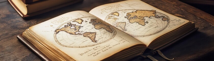 Fototapeta premium Open antique book displaying a vintage world map, symbolizing exploration, history, and old-world geography on a rustic wooden table.