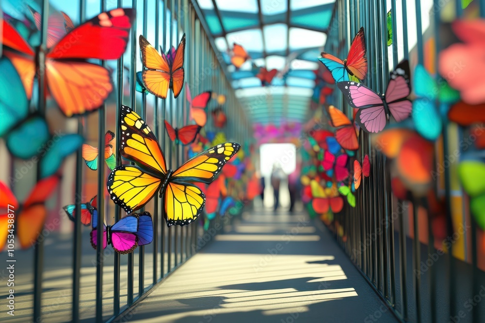 Poster a colorful butterfly display in a tunnel