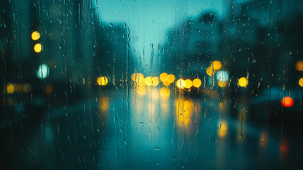 Rainy city view through a window with bokeh lights.