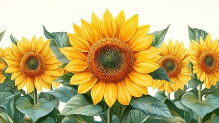 Naklejka premium Vibrant sunflowers in full bloom against a light background.