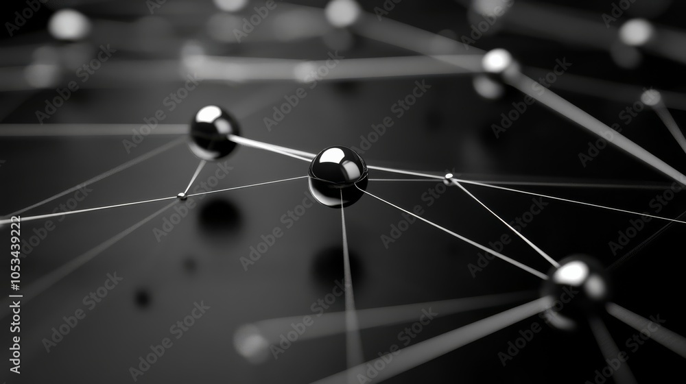 Poster interconnectedness: a network of silver spheres, interconnected by delicate threads, representing th