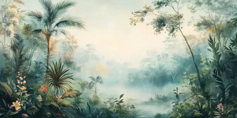 Serene Jungle Landscape in Watercolor Style