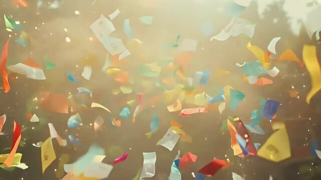 Witness spectacular explosion colorful paper cards scraps fall creating festive celebratory atmosphere suitable ddings holiday events all captured vibrant 4K resolution colours dding fireworks