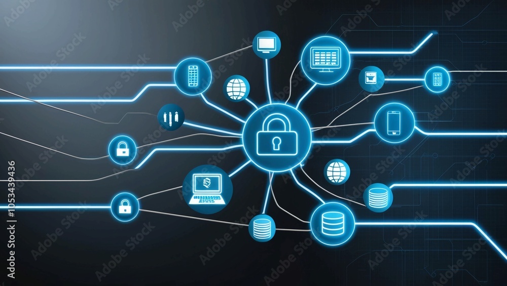 Poster  Blue Digital Network with Floating Icons and Secure Data Connections Representing Modern Technology Systems