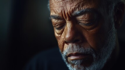 Fototapeta premium A man with a wise demeanor reflects on life as soft shadows emphasize his features. His downcast eyes evoke nostalgia, creating a profound, introspective atmosphere filled with experience.