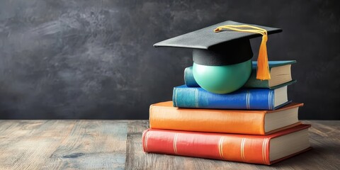 Graduation Cap and Books on Wooden Table: A black graduation cap sits atop a stack of colorful books, symbolizing the culmination of knowledge and the pursuit of education.