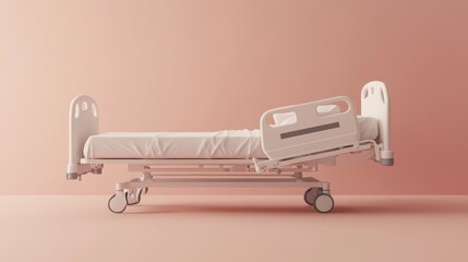 ultra-detailed realistic advertising shot of a hospital bed in a soft white and pink background, side view, high resolution, professional photography