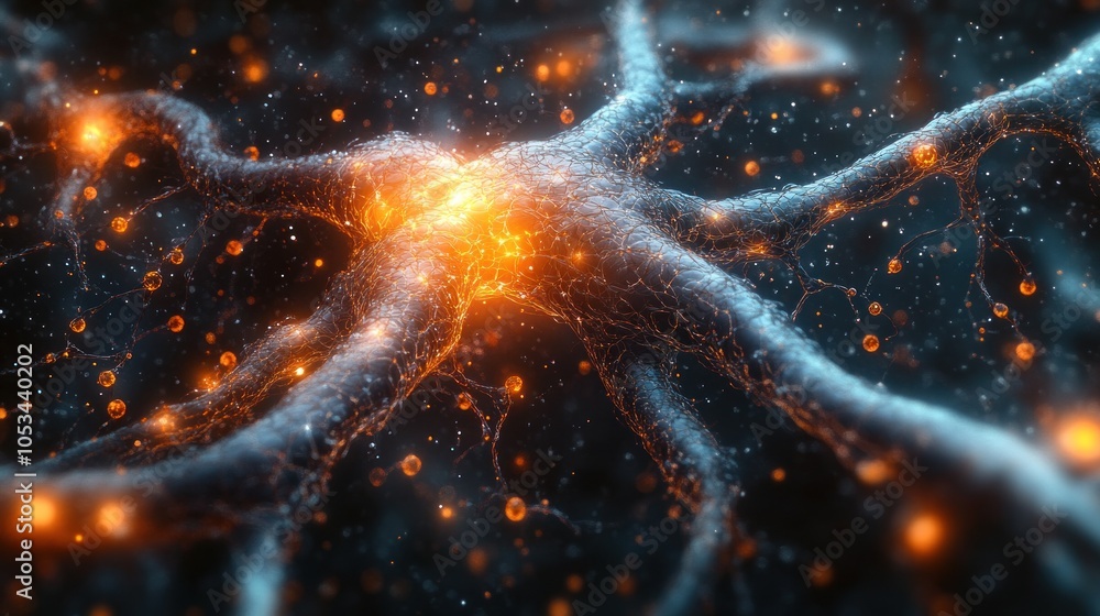 Poster abstract representation of a neuron network with glowing connections.