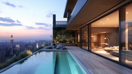 Obraz premium Modern penthouse with a rooftop pool.