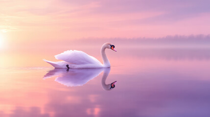 Graceful white swans glide smoothly across the calm surface of the lake with reflections in the water and the soft pink purple sky as the sunset