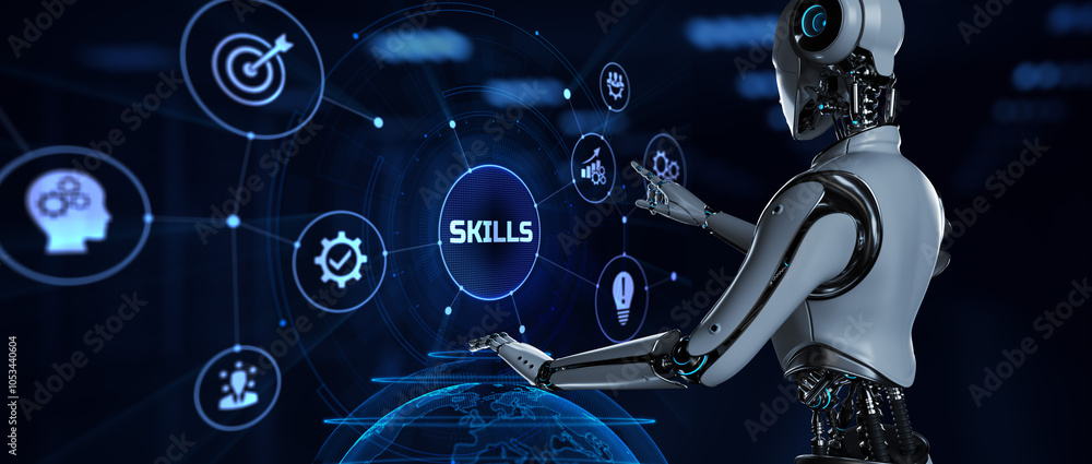 Poster skills personal training development education concept. robot pressing button on screen. 3d render.