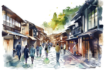 Obraz premium 古い宿場町と観光客の水彩画-2