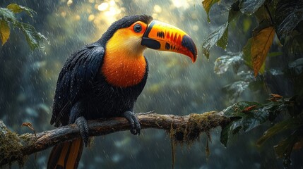 Obraz premium A toucan with a large orange beak perches on a branch in a rainforest with rain falling around it.