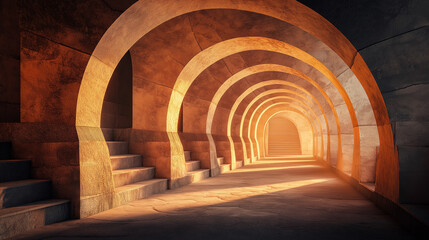Fototapeta premium A long corridor with multiple arches, illuminated by a soft, warm glow. 