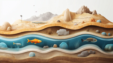 Obraz premium A 3D illustration of a layered landscape with mountains, sand, and an underwater scene.