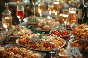 Obraz premium A family-style Italian dinner with a large table full of pasta dishes