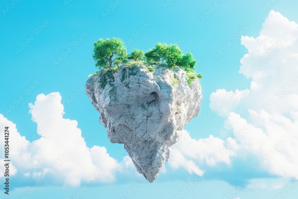 Poster a island floating in the sky with a ocean below