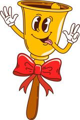 Retro cartoon groovy Christmas jingle bell character for winter holiday, vector funny emoji. Groovy Christmas golden bell with ribbon and freaky smile or crazy look with tongue out for New Year