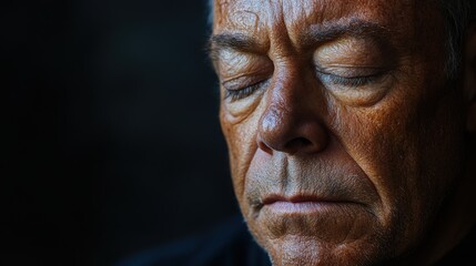 A man with a wise demeanor reflects on life as soft shadows emphasize his features. His downcast eyes evoke nostalgia, creating a profound, introspective atmosphere filled with experience.