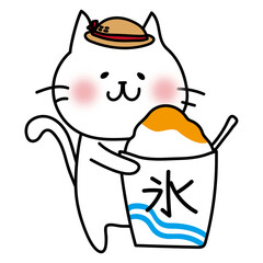 大きなカキ氷を持っている白い猫