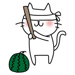 Obraz premium スイカ割りをする白い猫