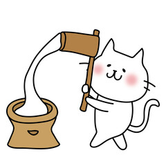 餅つきをする白い猫