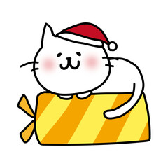 クリスマスプレゼントの上でまるくなる白い猫