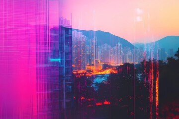 Fototapeta premium City buildings with amber and gold autumn trees seen through a window, a peaceful seasonal view for backgrounds or design elements