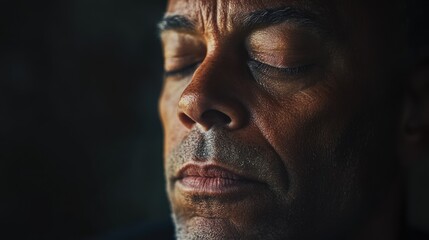 Fototapeta premium A man with a wise demeanor reflects on life as soft shadows emphasize his features. His downcast eyes evoke nostalgia, creating a profound, introspective atmosphere filled with experience.