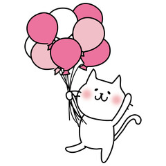 たくさんのピンク色の風船を持っている白い猫