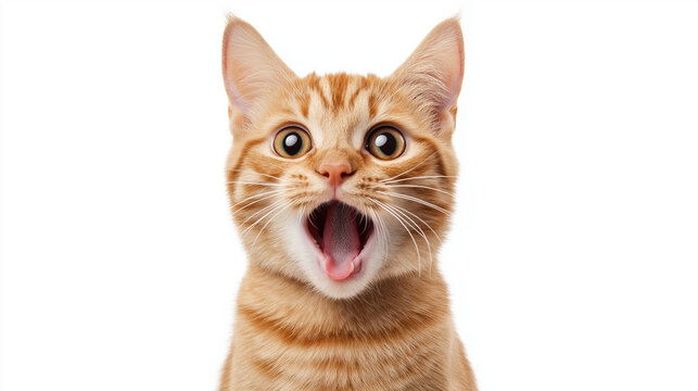A ginger cat with wide eyes and an open mouth looks directly at the camera.