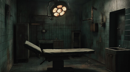 A dimly lit operating room with a medical table and a sink in the corner.