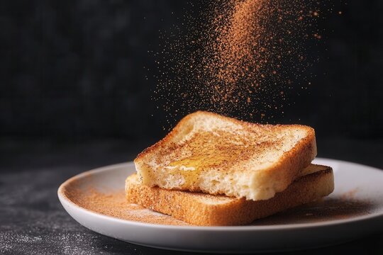 Close-up of cinnamon being sprinkled on a slice of warm toast with butter melting into the bread, Cinnamon toast, Simple and nostalgic