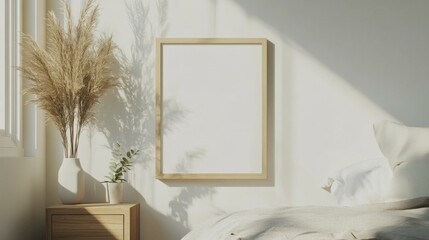 Minimalist bedroom with a blank frame on the nightstand