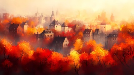 Fototapeta premium Soft focus on autumn foliage outside a city apartment window, warm-toned colors ideal for a calm, cozy seasonal background