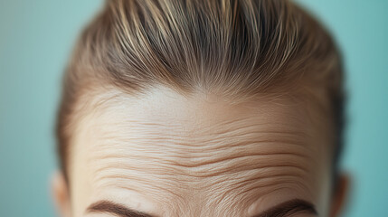 Close-up of a woman's forehead showing wrinkles.