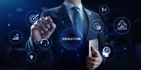 E-learning distance education concept. Businessman pressing button on screen.