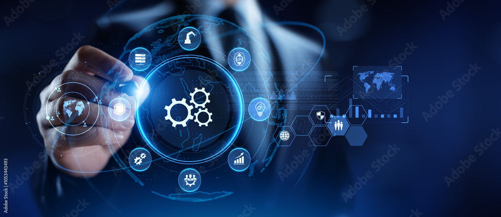 Poster gears icons business process automation innovation technology concept. businessman pressing button o