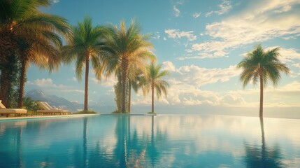 Fototapeta premium Palm trees reflected in a calm swimming pool at a tropical resort, 4K hyperrealistic photo